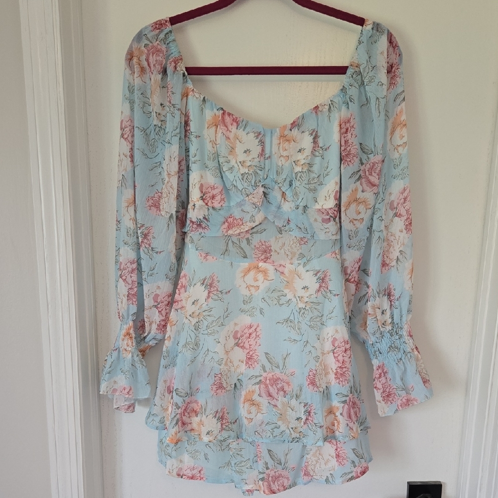 Floral Off-Shoulder Jumpsuit - Light Blue and Pink